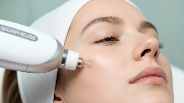 Close Up of a Fair Skinned Woman Receiving Morpheus8 Treatment on Her Cheek with a White Headband in a Medical Setting Focused on Skincare Beauty and Aesthetic Perfection
