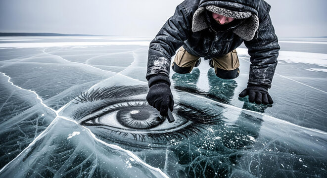 A focused artist in winter gear kneels on a vast frozen lake, creating a surreal and detailed charcoal drawing of a human eye directly on the ice.