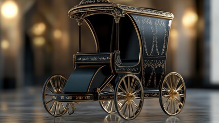 Ornate black and gold vintage carriage with detailed embellishments design