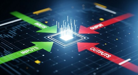 Business cash flow concept. A holographic interface shows green arrows (income) flowing in and red arrows (expenses) flowing out of a central box.