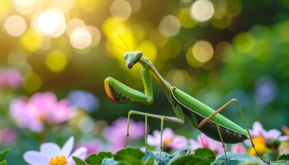 A vibrant green praying mantis perches amongst colorful flowers in a sunlit garden setting.