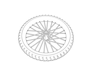 Detailed Outline Vector of Spoked Wheel with Knobby Tire: Bicycle and Motorcycle Component Line Art, Ideal for Engineering Design, Technical Diagrams, and Transport Concept Projects