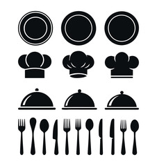 Minimalist Culinary Icon Set with Plate, Fork, Spoon, Knife.
