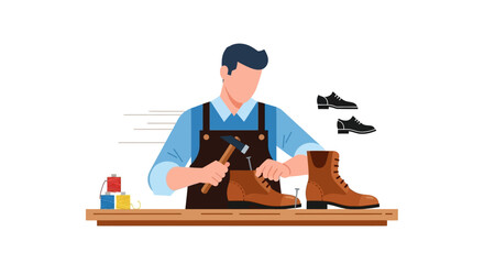 A cobbler meticulously repairs a brown leather boot using a hammer and nails.