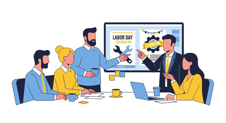 A diverse business team collaborates in a meeting, discussing a Labor Day presentation shown on a large screen.
