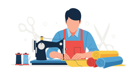 An illustration of a tailor using a sewing machine with fabric rolls and scissors in the background.