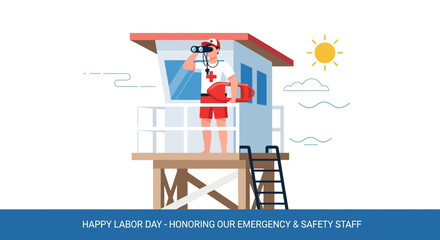 An illustration of a vigilant lifeguard in a tower scanning the horizon with binoculars, honoring safety staff on Labor Day.