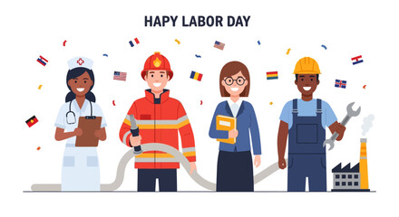 Diverse essential workers including a nurse, firefighter, business professional, and mechanic celebrating Labor Day with confetti and international flags.