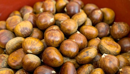 Obraz premium Close-up view of a large pile of edible chestnuts, showcasing their rich brown tones and textured surfaces.
