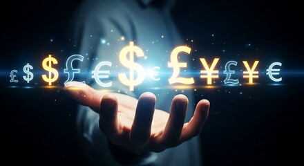 Multi-currency and forex concept. A hand holds a hologram that rapidly switches between world currency symbols ($, €, £, ¥) for global exchange.