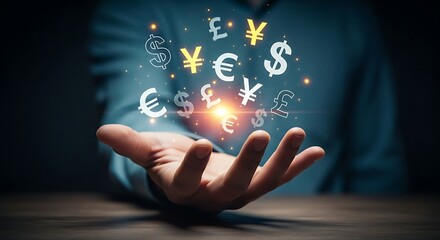 Multi-currency and forex concept. A hand holds a hologram that rapidly switches between world currency symbols ($, €, £, ¥) for global exchange.
