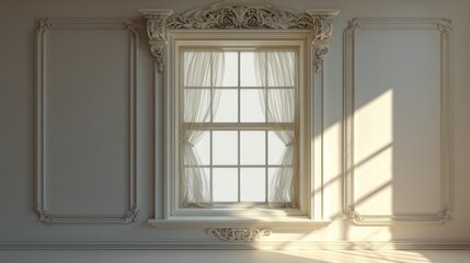 Ornate window with sheer curtains and decorative wall panels in a bright and elegant interior space
