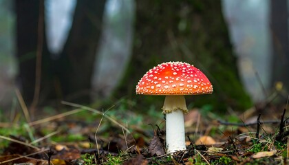 A vibrant red and white fly agaric mushroom stands tall in a misty forest setting.