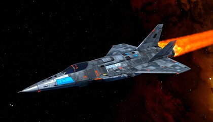 A futuristic, grey spacecraft hurtles through a cosmos of fiery nebulae, showcasing intricate design and powerful thrusters.