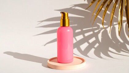 A pink cosmetic bottle with a gold pump sits on a light-pink coaster, highlighted by dramatic shadows cast by tropical foliage.