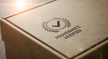 Concept of supply chain integrity and product verification with a certified authenticity stamp on a cardboard container