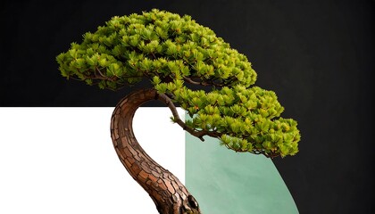A vibrant bonsai tree with a contorted trunk, displayed against a backdrop of contrasting black and light mint green and white colors.
