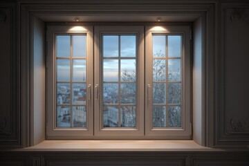 Three paneled window with city view and decorative glass in a paneled room with recessed lighting