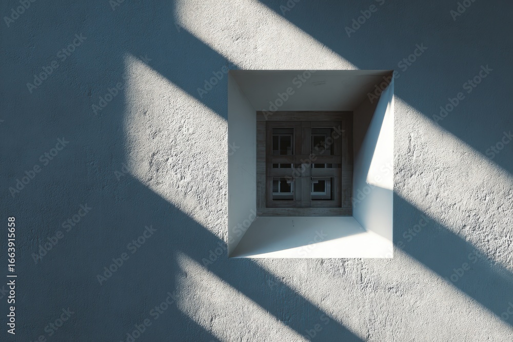 Poster sunlight casting shadows on a textured wall with a square window and a decorative window covering