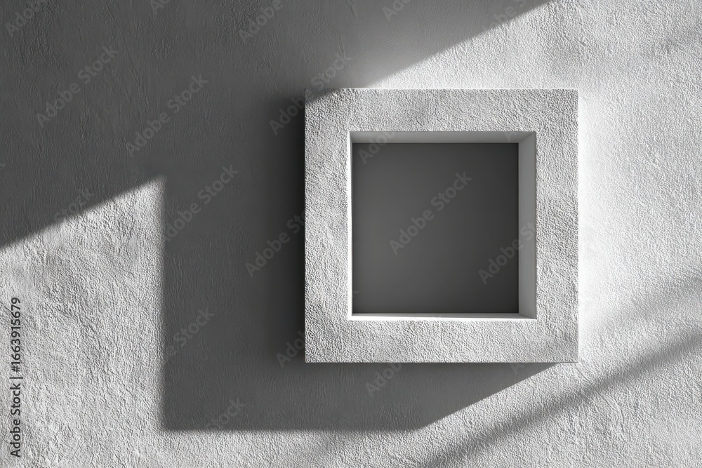 Poster a square frame on a textured wall with shadows creating a minimalist architectural composition look 