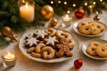 Weihnachtliche Kekse auf Tellern mit Kerzen und Christbaumkugeln in festlicher Tischdekoration angerichtet
