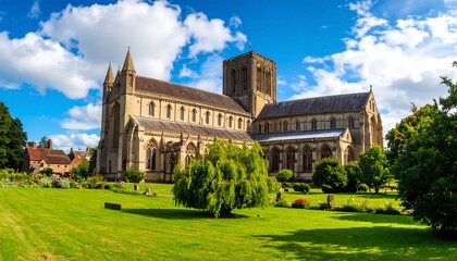 Fototapeta premium Majestic Gothic Cathedral with Lush Green Lawns and Dramatic Blue Sky.