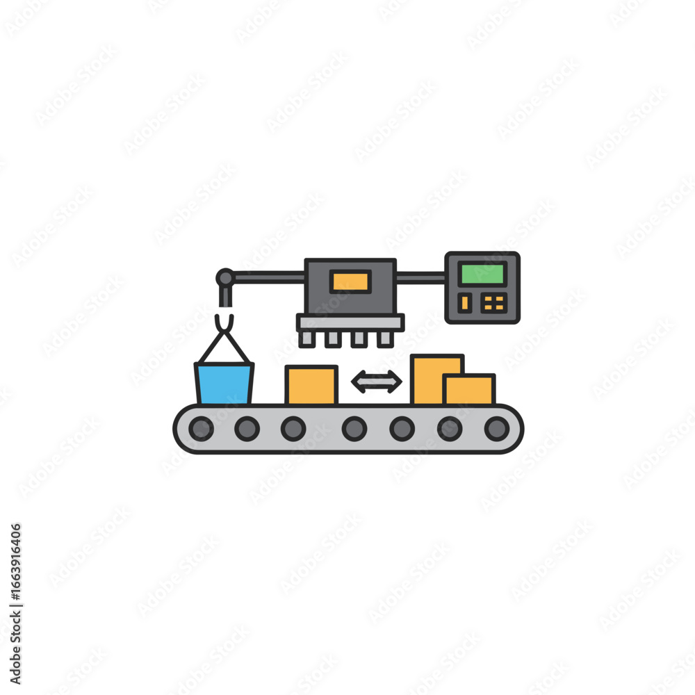 Poster automated process with conveyor belt, robot arm lifting bucket and boxes in production line scenario