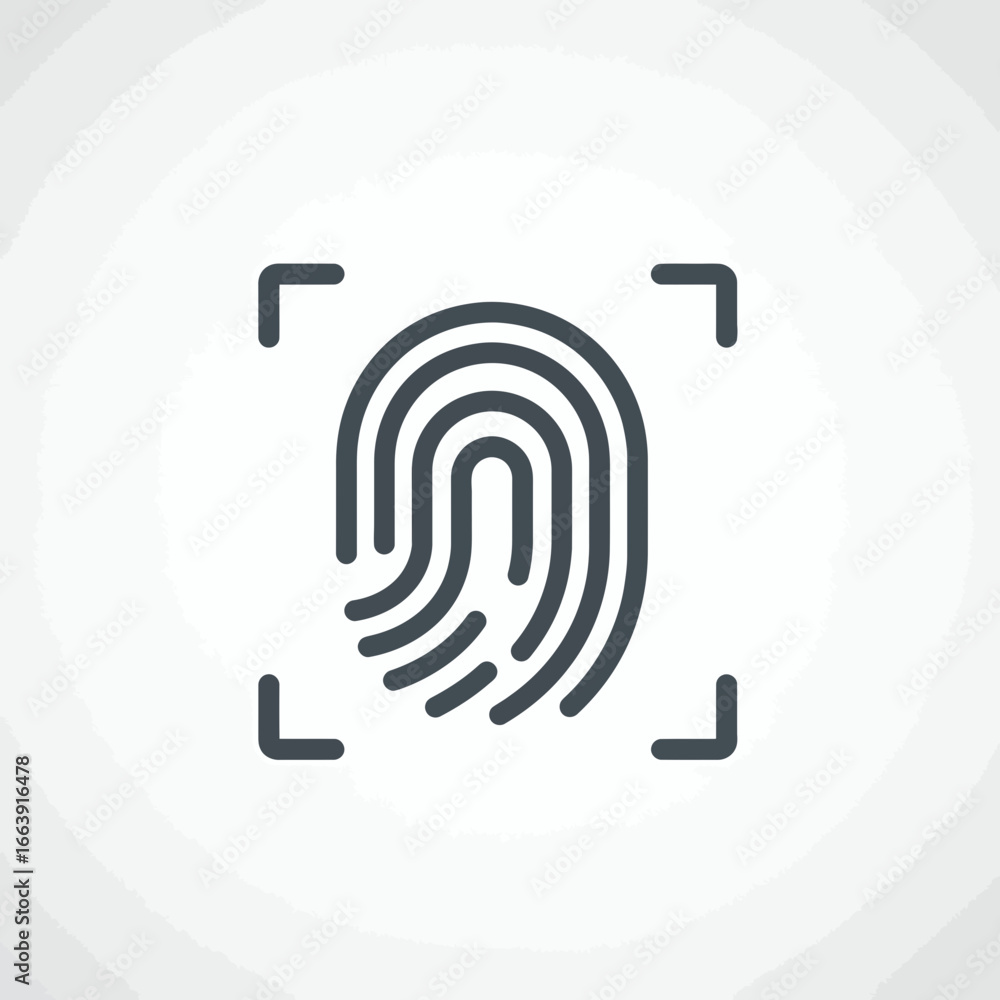 Poster dark gray fingerprint icon centered, with detection brackets on white background. concept for person