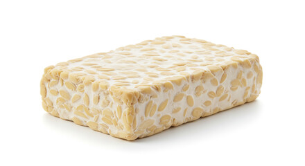 A block of tempeh made from fermented soybeans on a white background in a studio shot close up view