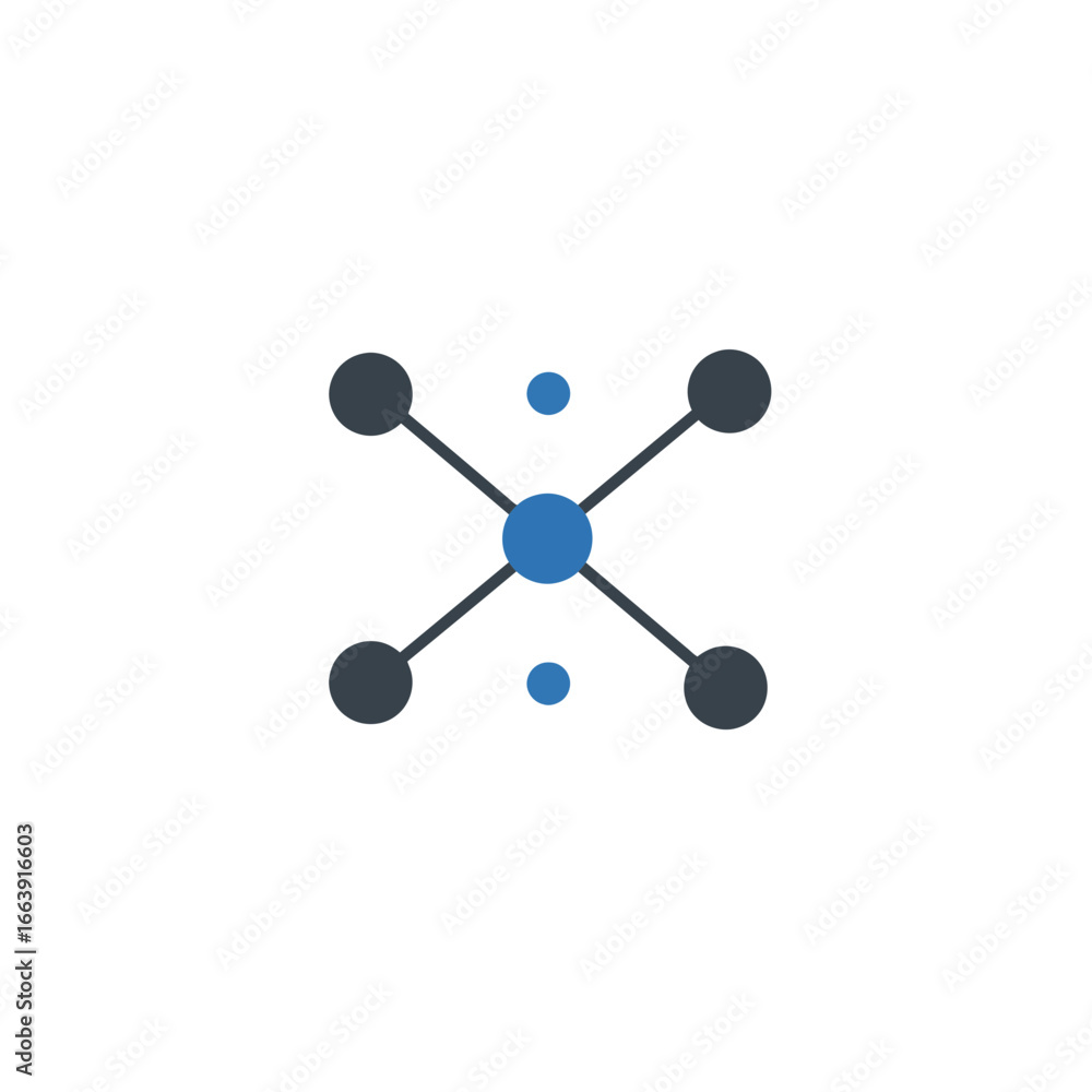 Poster geometric abstract icon with intersecting lines and blue central node on white backdrop. concept for