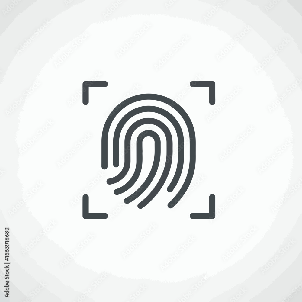 Poster minimalist fingerprint icon in a capture frame on a clean white backdrop, concept for security verif