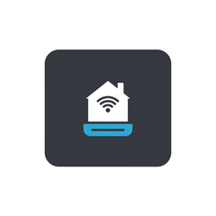 White house with Wi-Fi signal inside, on a blue base and dark background. Concept for smart home automation, internet connectivity and modern building technology