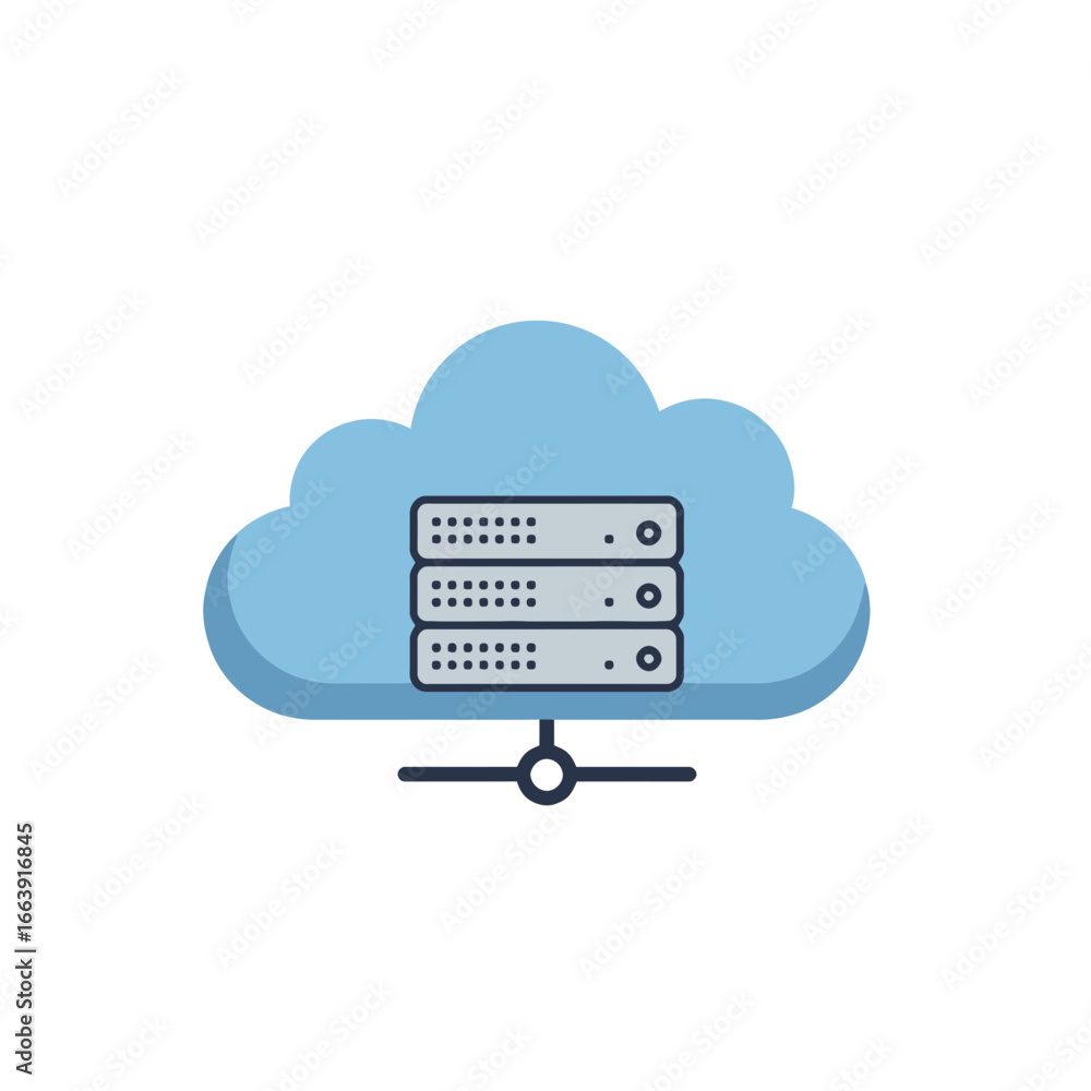 Poster cloud hosting server illustration showing connected database racks in the cloud, concept for data st