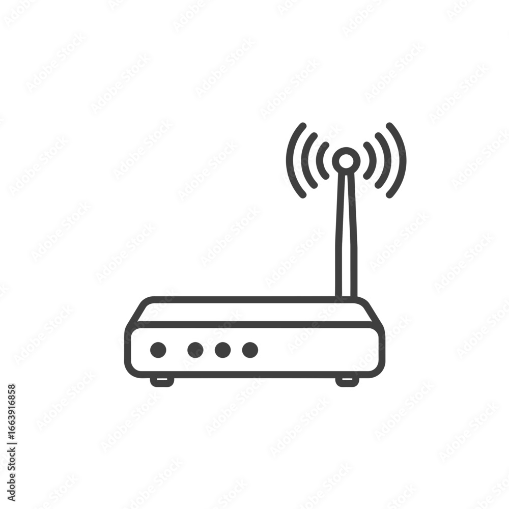 Poster simple line drawing of wireless router with antenna emitting signals, concept for internet connectiv