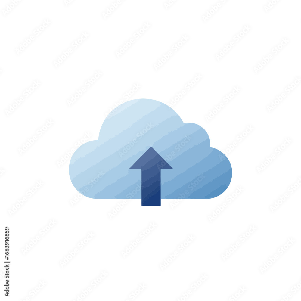 Poster blue gradient cloud with prominent arrow pointing upwards, icon for data transfer from a device. con