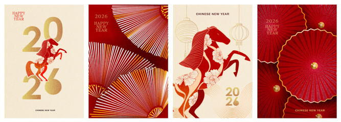 Chinese New Year 2026 poster design in a modern style with gold and red elements and symbols of horse, lanterns, umbrellas, fans for congratulations, invitations. Year of the Horse.