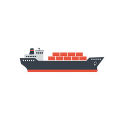 Minimalist vector illustration of a cargo ship loaded with containers on the water. Concept for global trade logistics, international shipping industry and import export operations
