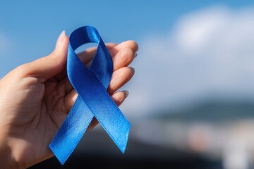 Close up of hand holding blue ribbon, colon cancer awareness, chronic fatigue syndrome and prostate cancer awareness concept