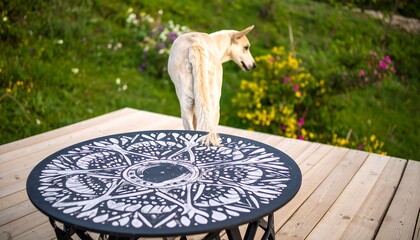 A decorative, round, black and white mandala table top stands outdoors on a wooden deck, accompanied by a light-colored dog, in a garden setting.