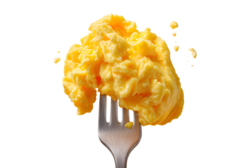 Delicious and Fluffy Scrambled Eggs on a Fork against a Dark Backdrop
