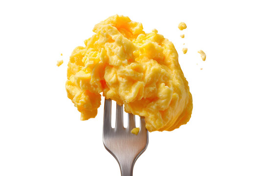 Delicious and Fluffy Scrambled Eggs on a Fork against a Dark Backdrop