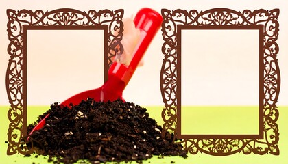 Ornate brown frame surrounds a pile of rich dark earth, ready for planting, with a red gardening tool.