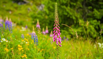 A vibrant meadow bursting with wildflowers, featuring a striking pink foxglove in sharp focus amidst a profusion of colorful lupines and other blossoms.