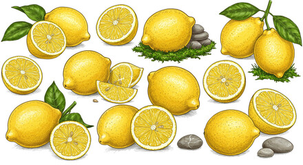 An illustration of several lemons with leaves and some are cut in half on a white background