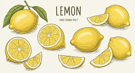 Hand drawn lemons with leaves and slices in a vintage style illustration on a light background