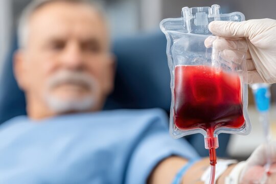 Doctor holding iv bag with red blood cells for blood transfusion to a blurred senior patient in hospital room - Powered by Adobe
