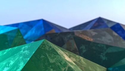 Geometric shapes in cool teal and blue tones create a sense of depth and perspective.