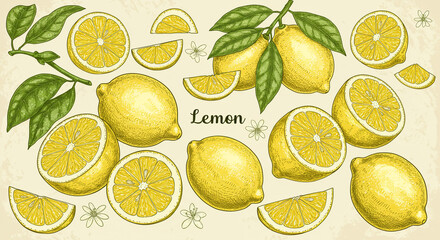 A vintage illustration of lemons with leaves and flowers on a light beige background surface art