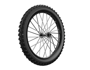 HD 3D Render: Aggressive Off-Road Dirt Bike Wheel. Isolated, Highly Detailed Spoked Motorcycle Tire with Knobby Tread and Silver Spokes. Perfect for Extreme Sports and Vehicle Design Projects.