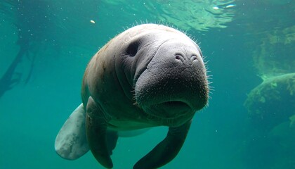 Fototapeta premium Close-up underwater view of a gentle manatee swimming in a vibrant teal environment.